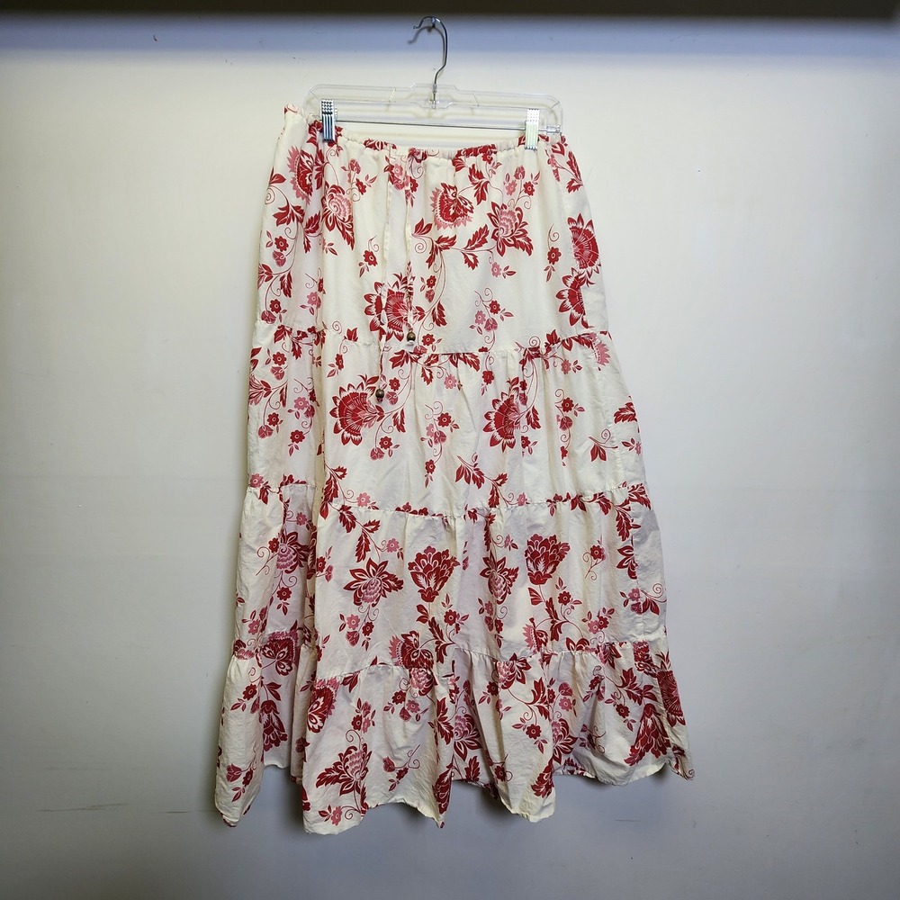 Cali1850 Cotton Midi Skirt Lrg Tiered Drawstring Elastic Waist Lined White Red